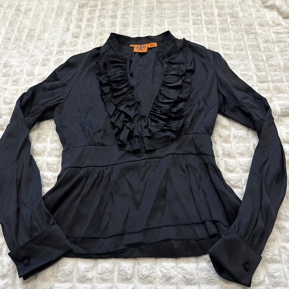 Tory Burch 2 Black 100% Silk Long Sleeve Blouse Ruffled Neckline Whimsigoth